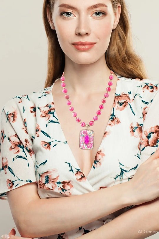 Pink Agate Stacked Stone Floral Pendant Necklace - Necklaces