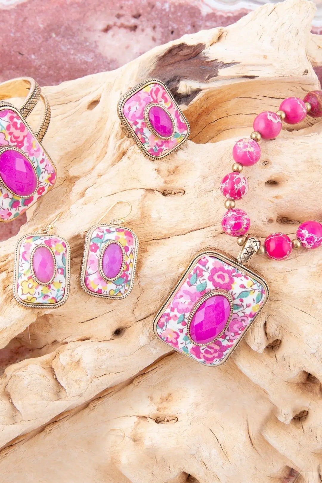 Pink Agate Stacked Stone Floral Pendant Necklace - Necklaces