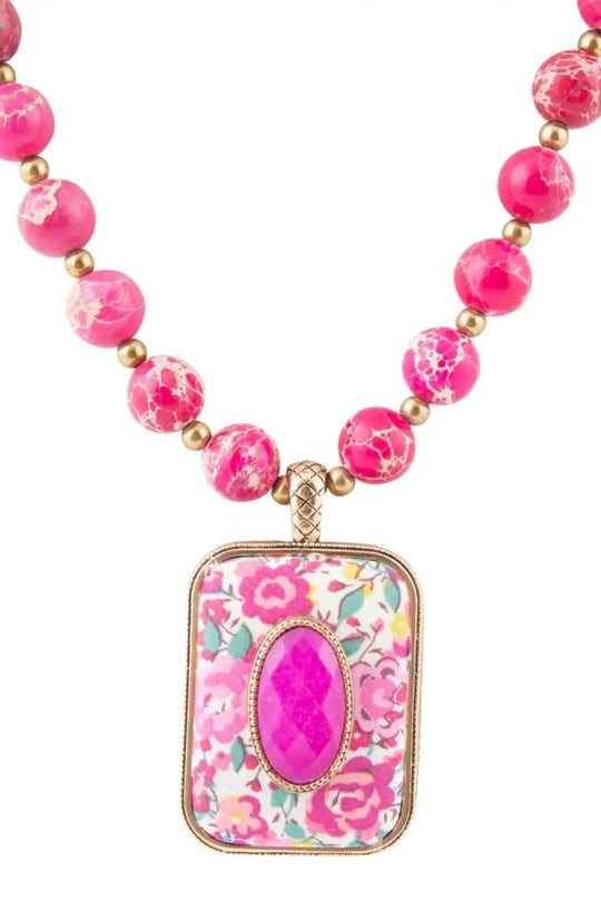 Pink Agate Stacked Stone Floral Pendant Necklace - Necklaces