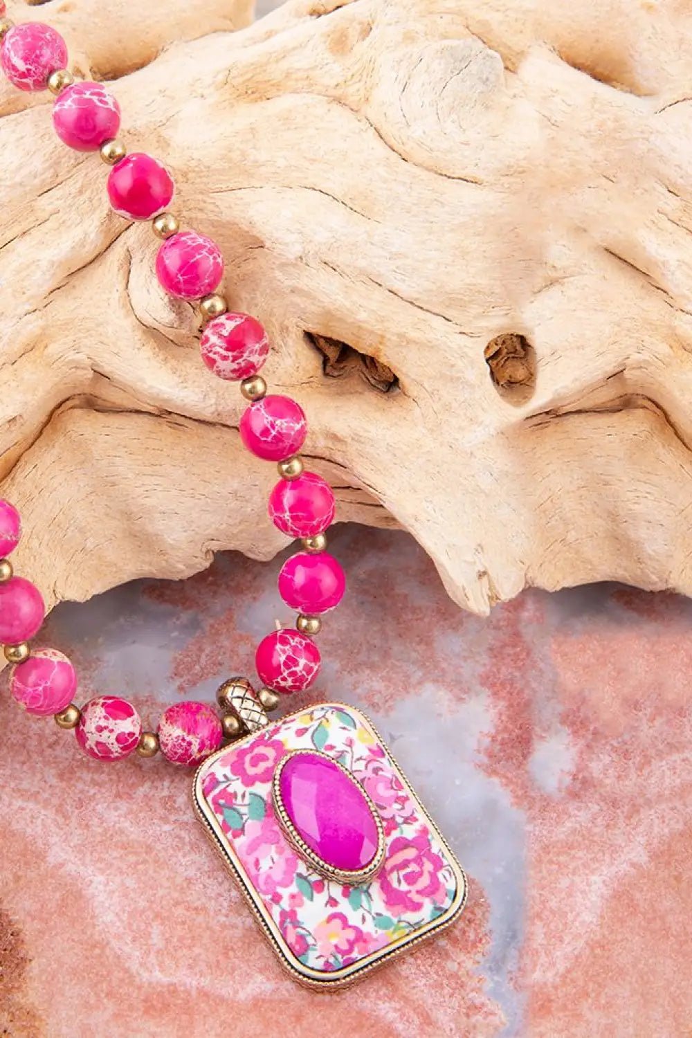 Pink Agate Stacked Stone Floral Pendant Necklace - Necklaces