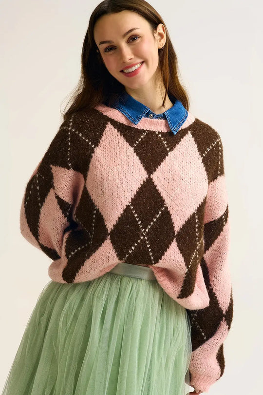 Q2 Pink and Brown Argyle Knit Sweater with Voluminous Sleeves