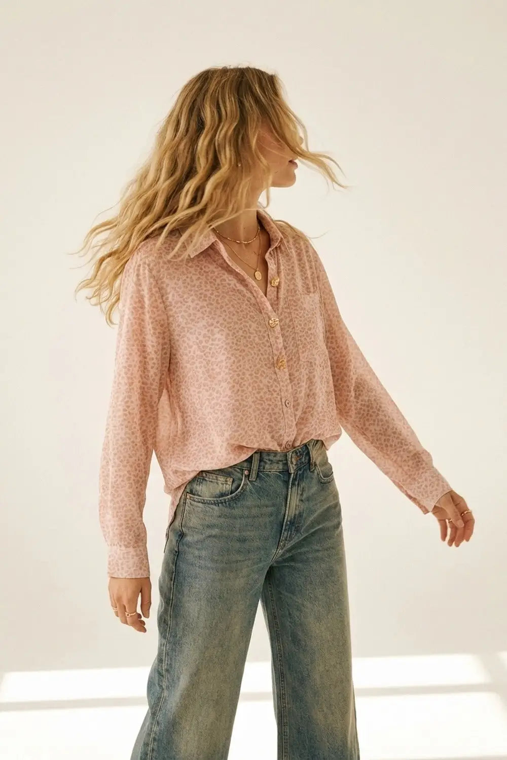 Q2 Pink Animal print shirt in sheer fabric with Button-Up Shirt and Pocket