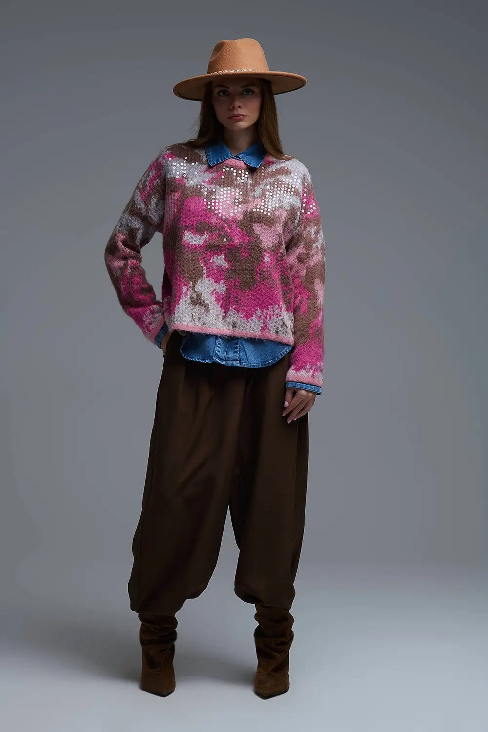 Pink Animal Print Sweater With Sequins - One Size / Pink - Sweaters