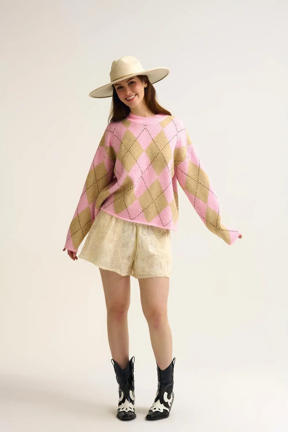 Pink Argyle Chunky Knit Sweater in Soft Contrast green Color - One Size / Pink - Sweaters