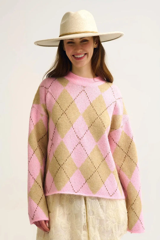 Pink Argyle Chunky Knit Sweater in Soft Contrast green Color - One Size / Pink - Sweaters