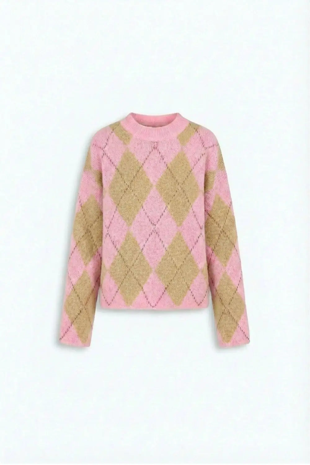 Pink Argyle Chunky Knit Sweater in Soft Contrast green Color - One Size / Pink - Sweaters