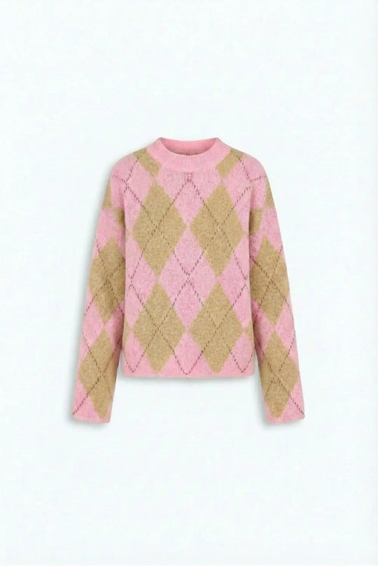 Pink Argyle Chunky Knit Sweater in Soft Contrast green Color - One Size / Pink - Sweaters