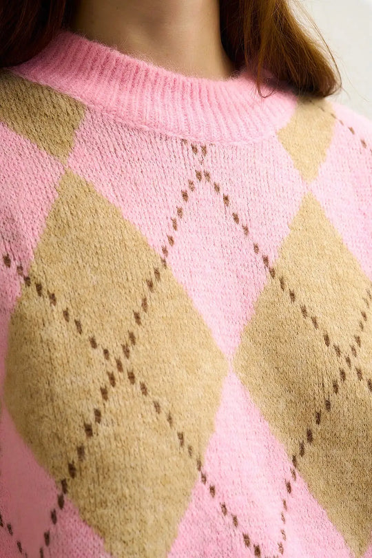 Pink Argyle Chunky Knit Sweater in Soft Contrast green Color - One Size / Pink - Sweaters