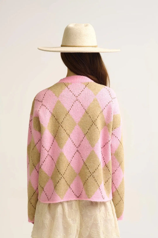 Pink Argyle Chunky Knit Sweater in Soft Contrast green Color - One Size / Pink - Sweaters