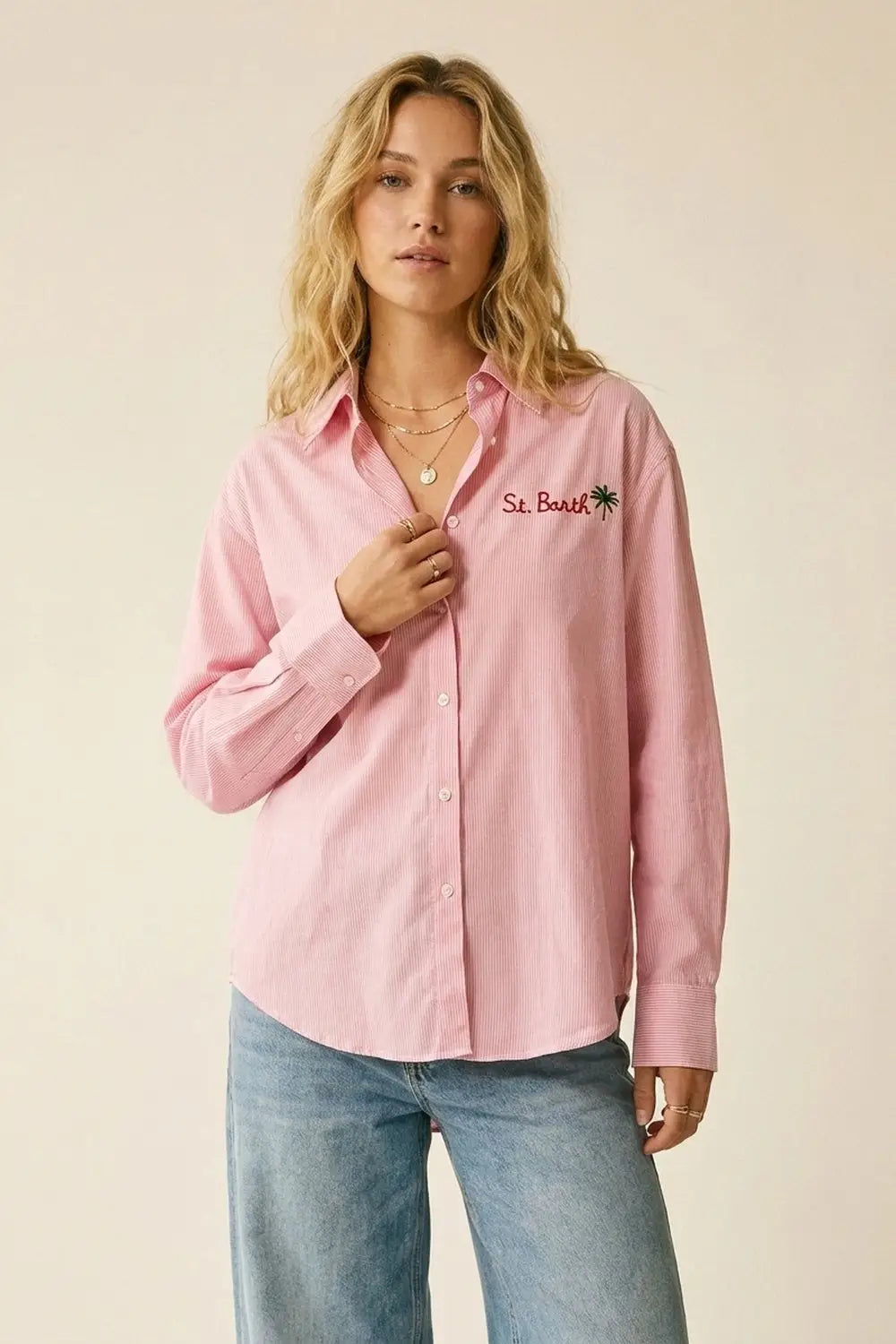 Q2 pink Button-Up striped Shirt with Embroidered Detail St Barth
