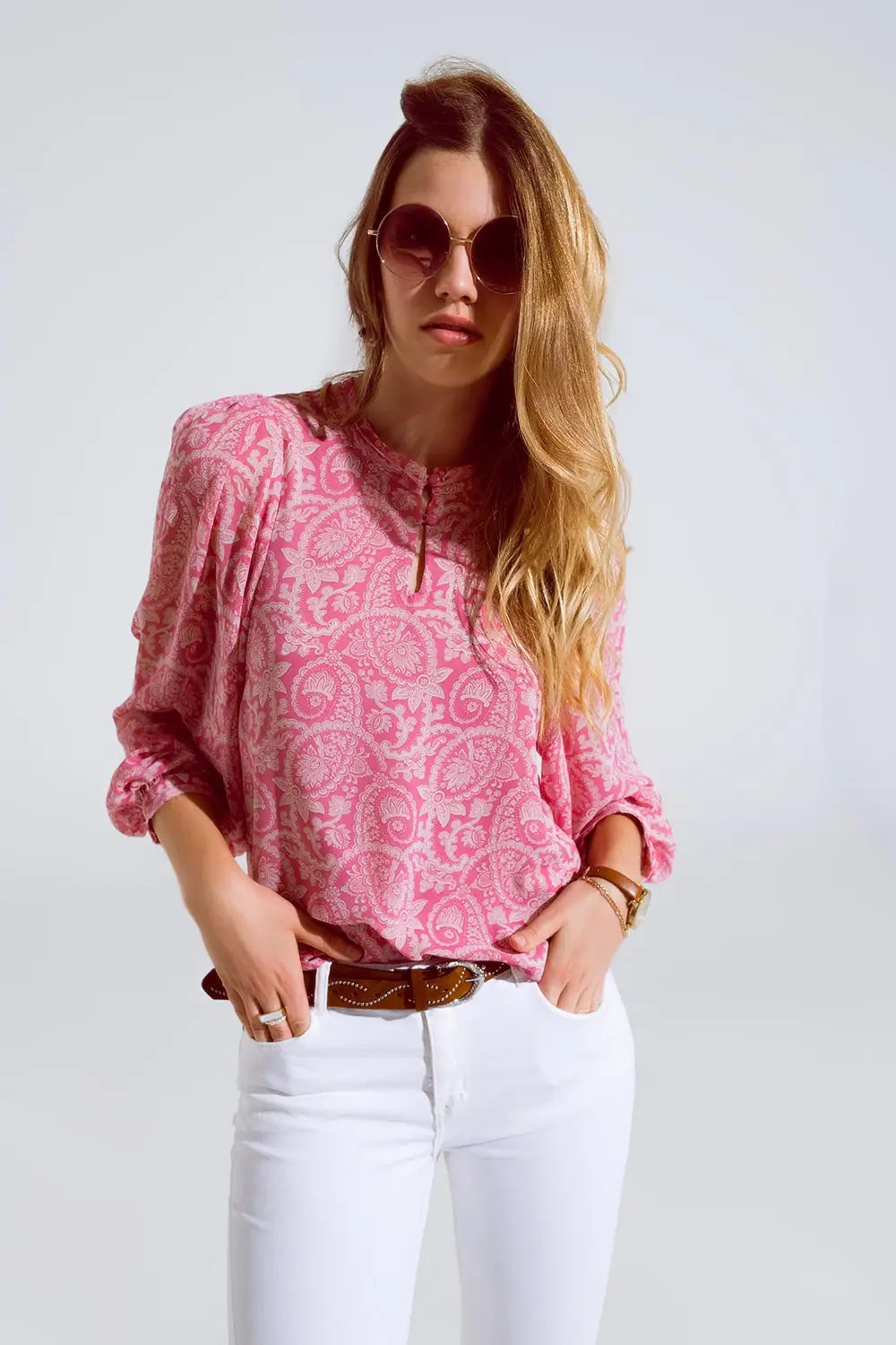 Pink chiffon Blouse With Floral Print And Long Balloon Sleeves - Shirts