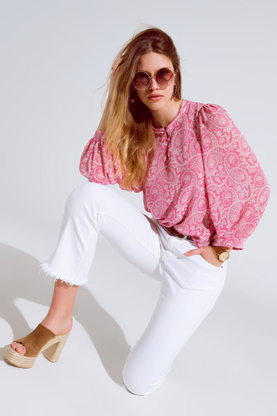 Q2 Pink chiffon Blouse With Floral Print And Long Balloon Sleeves