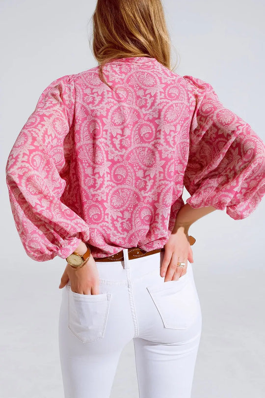 Pink chiffon Blouse With Floral Print And Long Balloon Sleeves - Shirts