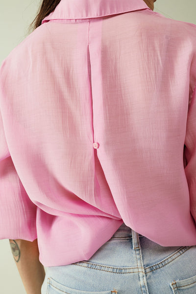 Pink chiffon shirt with long sleeves and one chest pocket