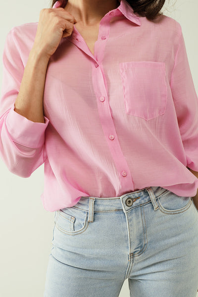 Pink chiffon shirt with long sleeves and one chest pocket