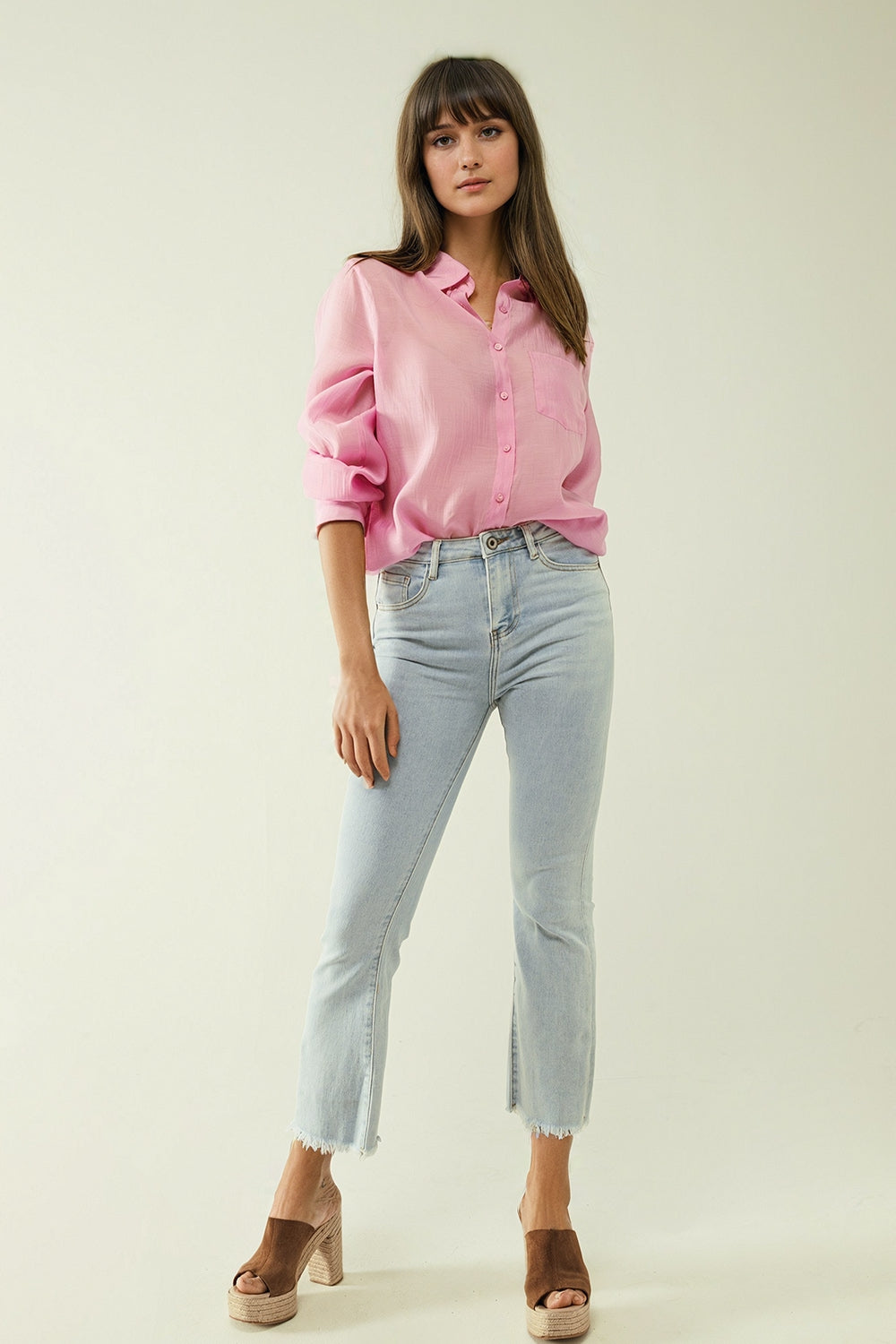 Pink chiffon shirt with long sleeves and one chest pocket