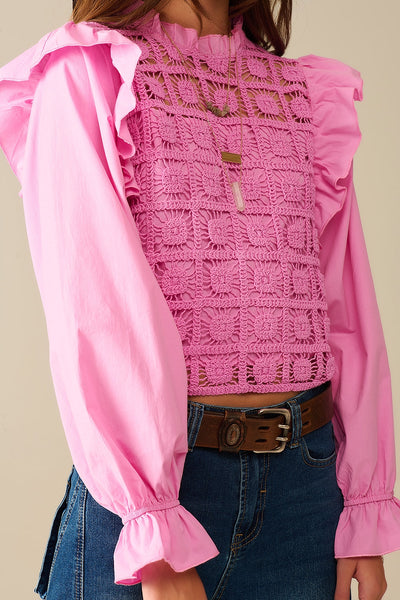 Pink Crochet Top with Ruffle Trim and long sleeves