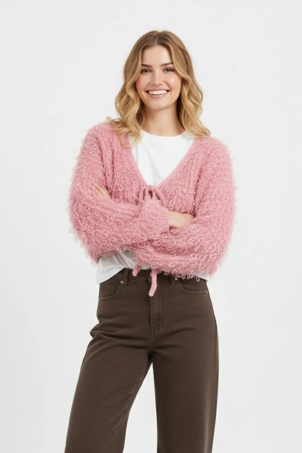 Pink Cropped chunky Knit cardigan with V-Neck and Front Tie closure - One Size / Pink