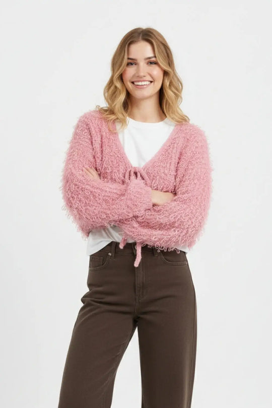Pink Cropped chunky Knit cardigan with V-Neck and Front Tie closure - One Size / Pink