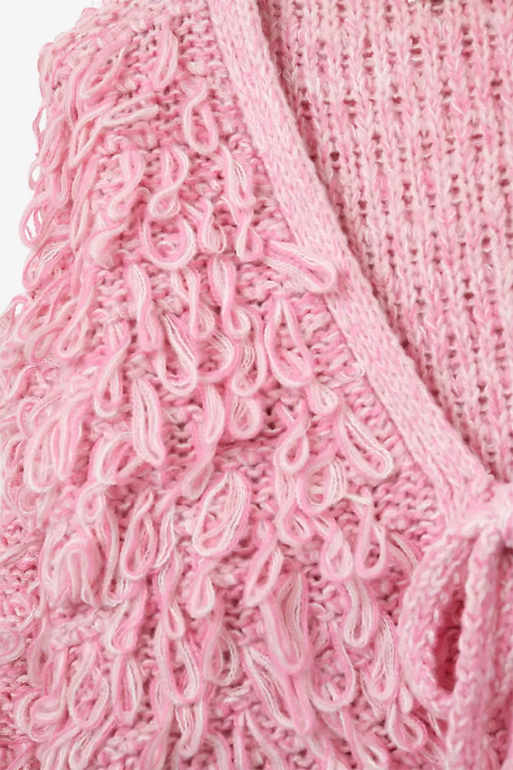 Pink Cropped chunky Knit cardigan with V-Neck and Front Tie closure - One Size / Pink