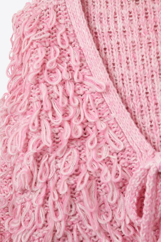 Pink Cropped chunky Knit cardigan with V-Neck and Front Tie closure - One Size / Pink
