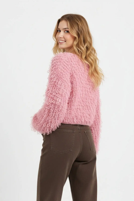 Pink Cropped chunky Knit cardigan with V-Neck and Front Tie closure - One Size / Pink