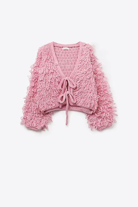 Q2 Pink Cropped chunky Knit cardigan with V-Neck and Front Tie closure