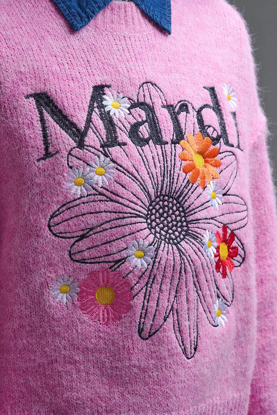 Pink Embroidered Mardi Sweater With Flowers - One Size / Pink - Sweaters