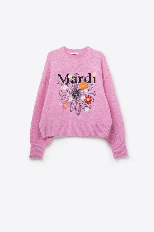Pink Embroidered Mardi Sweater With Flowers - One Size / Pink - Sweaters
