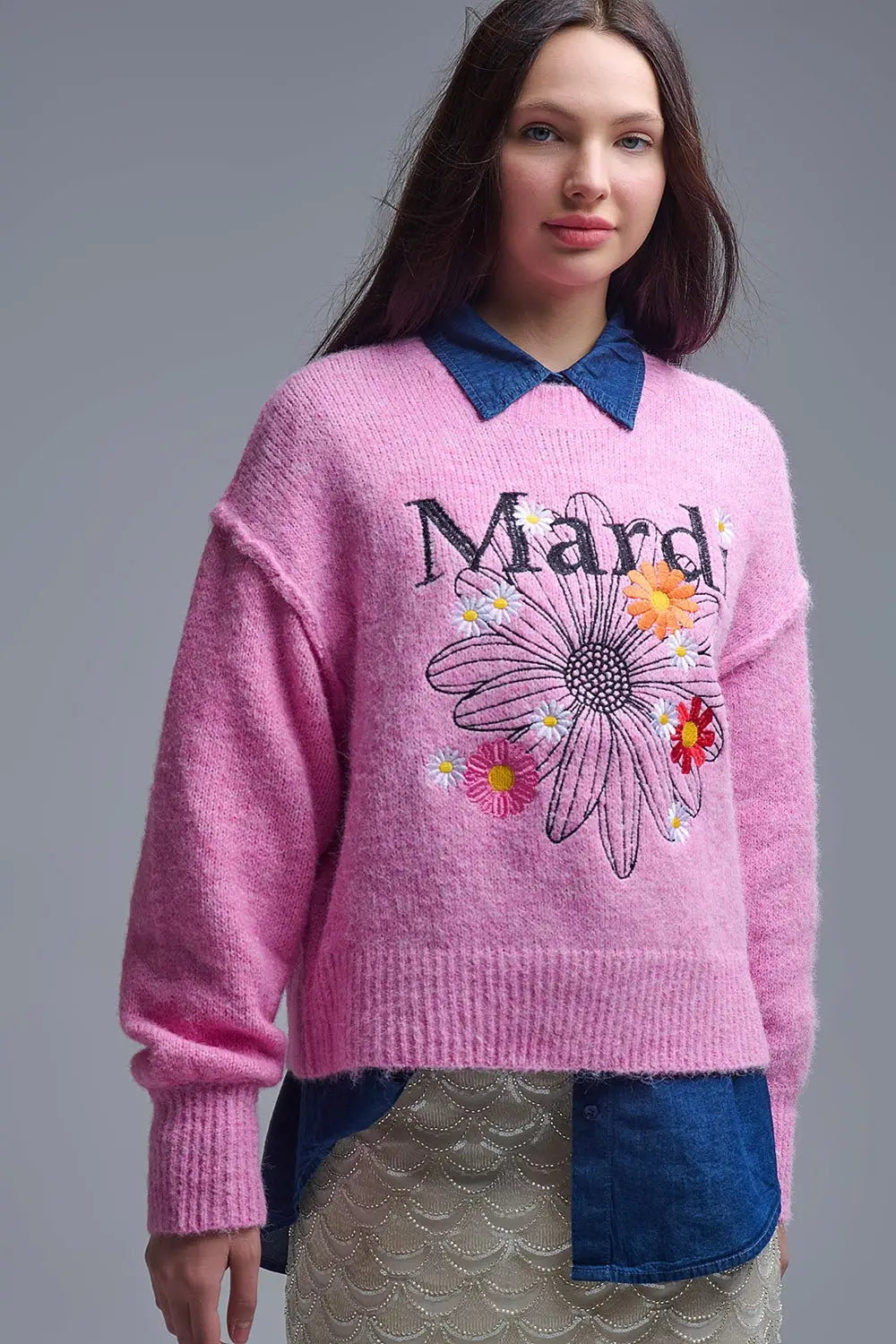 Pink Embroidered Mardi Sweater With Flowers - One Size / Pink - Sweaters