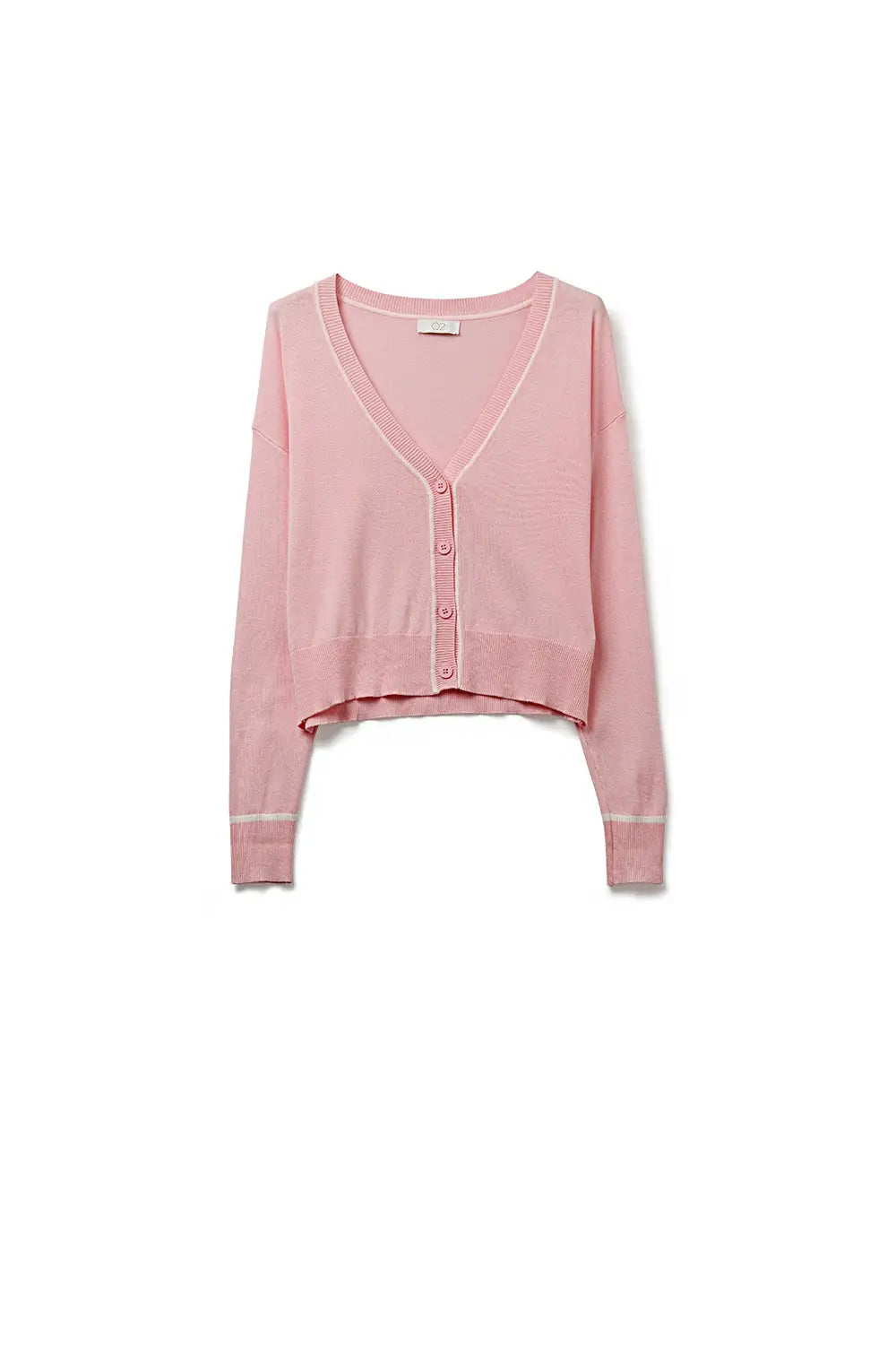 Q2 Pink Fine Knit Cardigan with Contrast Trim in white