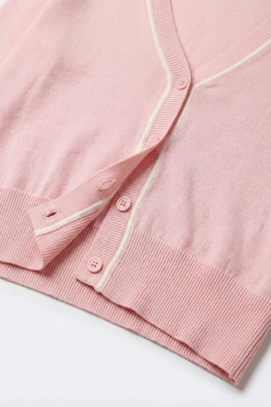 Pink Fine Knit Cardigan with Contrast Trim in white - One Size / Pink