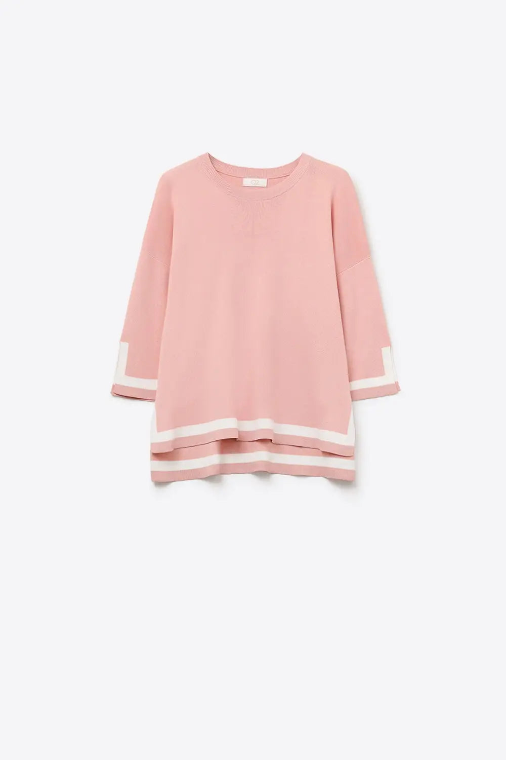 Q2 pink Fine Knit sweater with Contrast Stripe in white Detail and 3/4 Sleeves