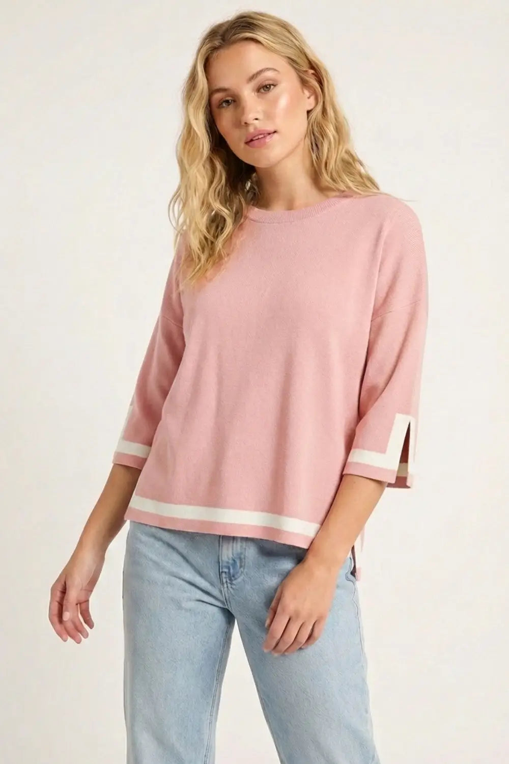 pink Fine Knit sweater with Contrast Stripe in white Detail and 3/4 Sleeves - One Size / Pink