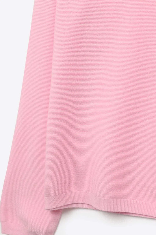 Pink Fine Knit V-Neck Sweater with Subtle Linear Texture - One Size / Pink