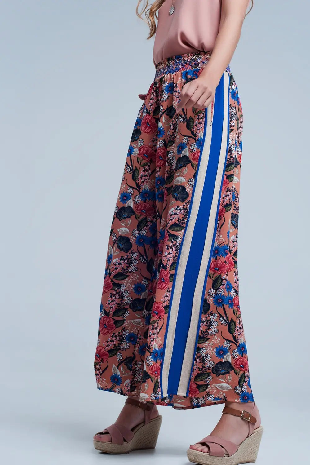 Q2 Pink floral pants with side stripe