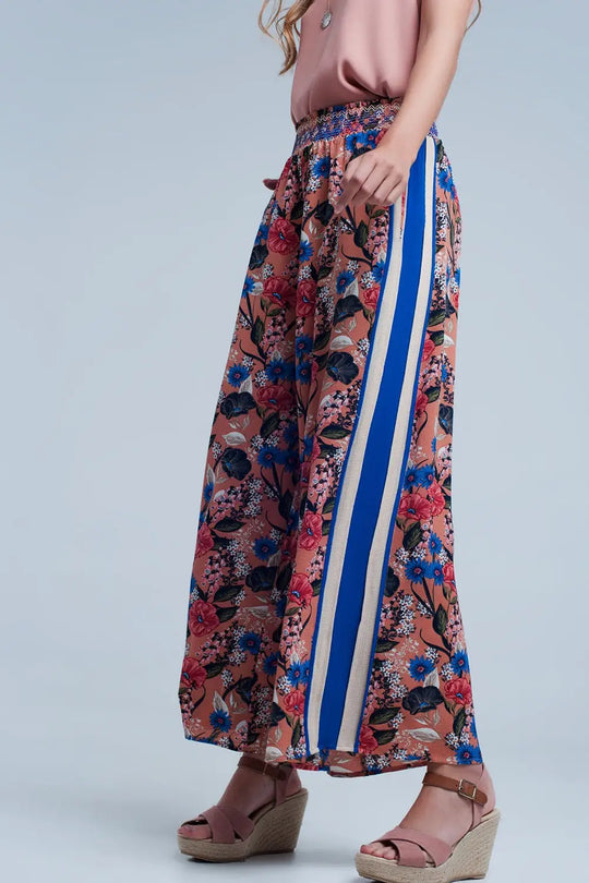 Q2 Pink floral pants with side stripe
