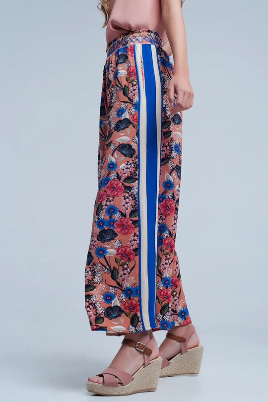 Pink floral pants with side stripe - Pants