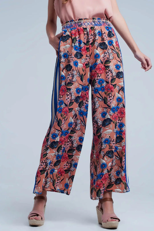 Pink floral pants with side stripe - Pants