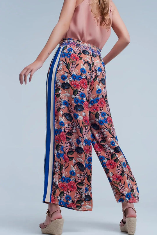 Pink floral pants with side stripe - Pants
