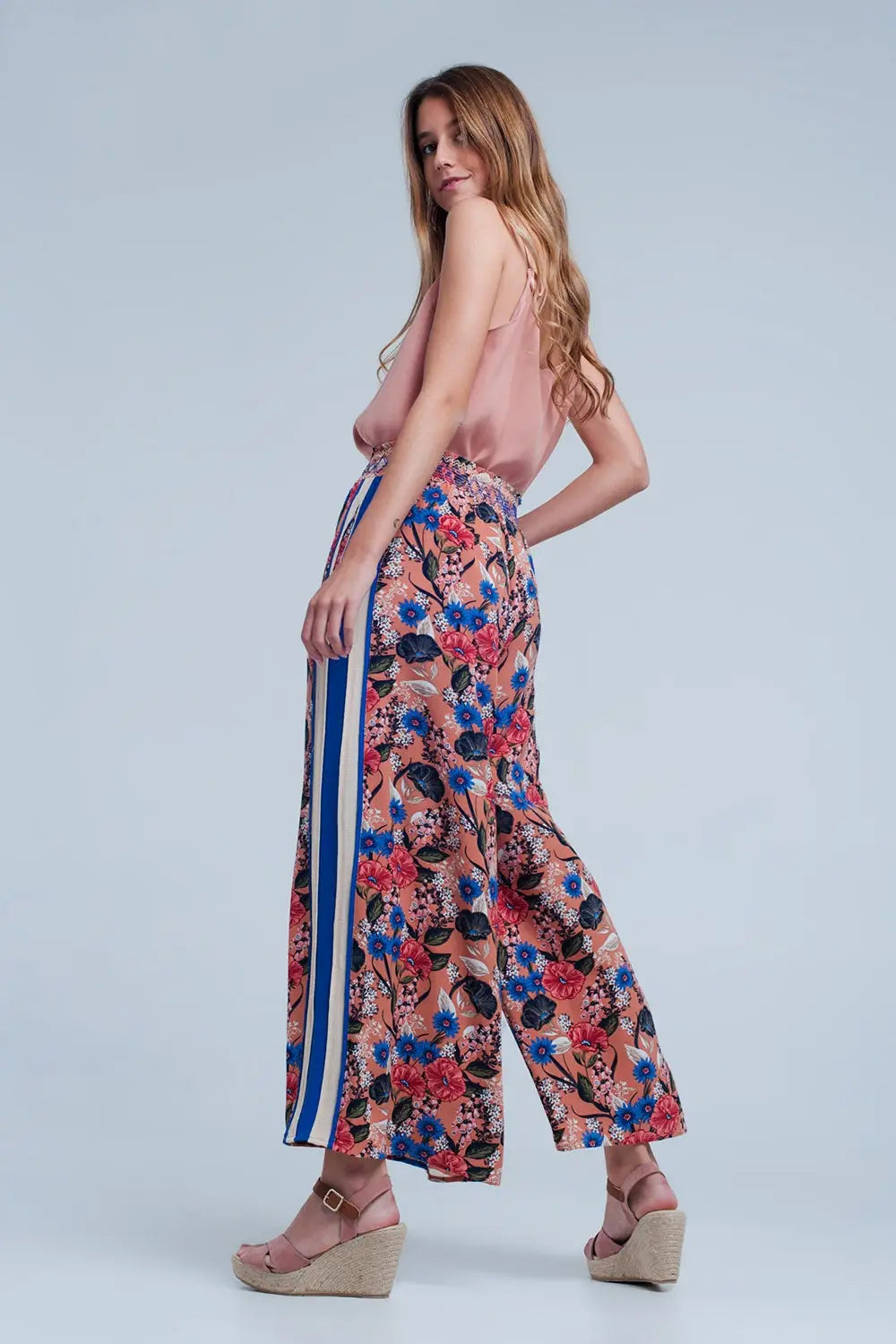 Pink floral pants with side stripe - Pants