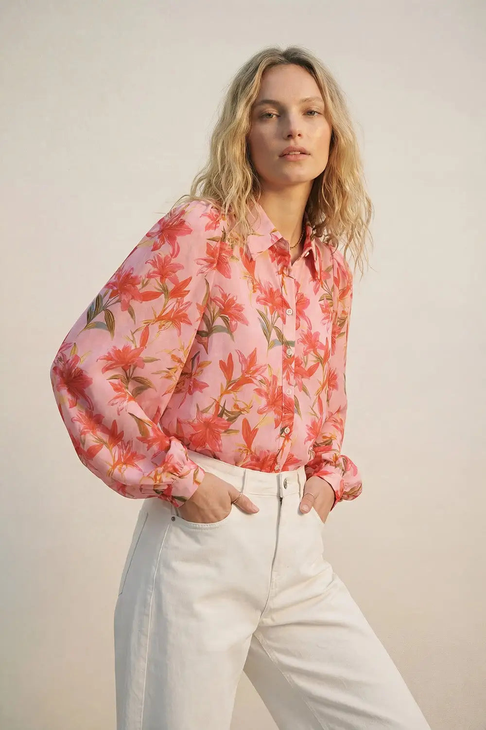 Pink Floral Print Button-Up Blouse with Balloon Sleeves in chiffon - Shirts