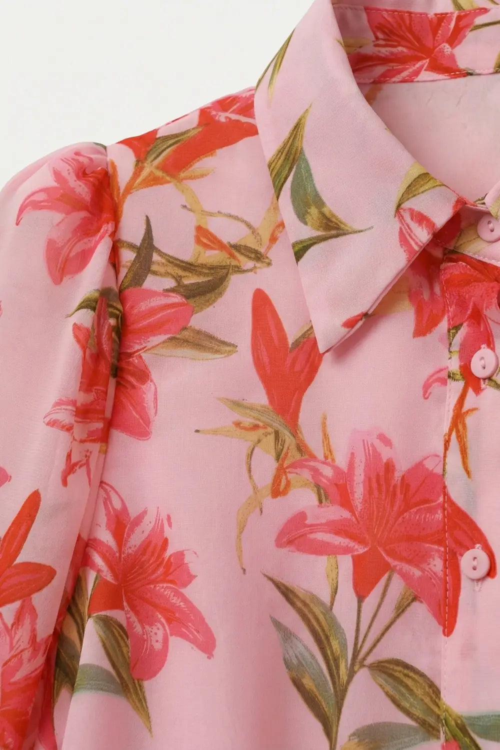 Pink Floral Print Button-Up Blouse with Balloon Sleeves in chiffon - Shirts