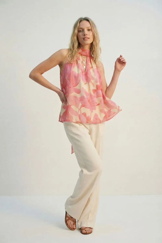 Pink Floral Soft Chiffon Halter Top - Tops