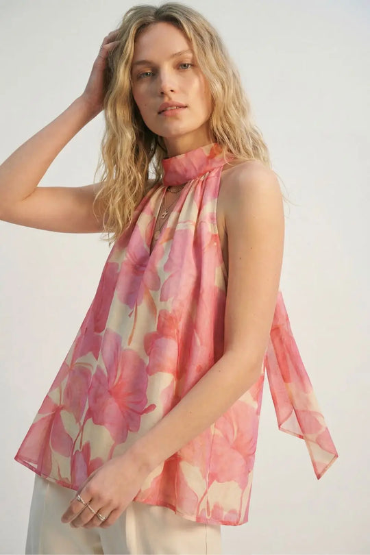 Q2 Pink Floral Soft Chiffon Halter Top