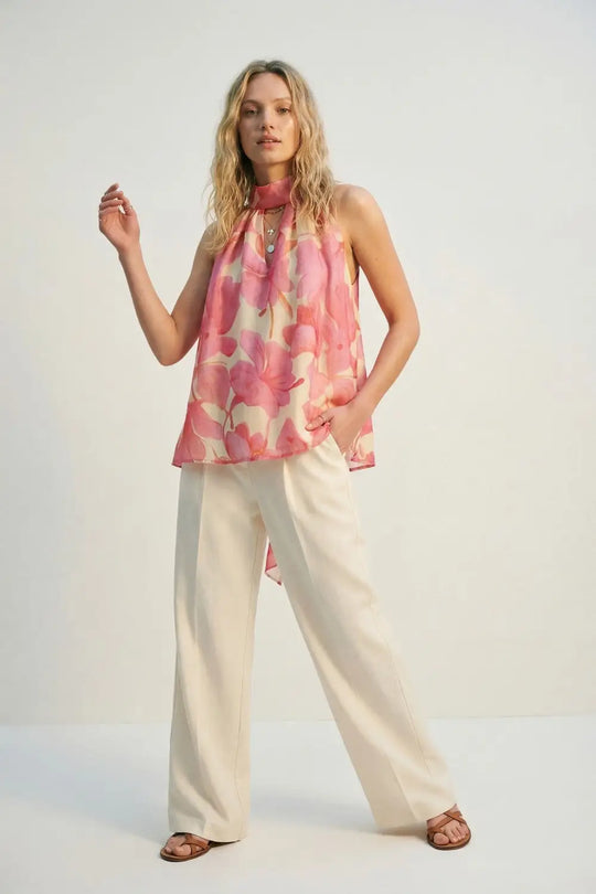 Pink Floral Soft Chiffon Halter Top - Tops