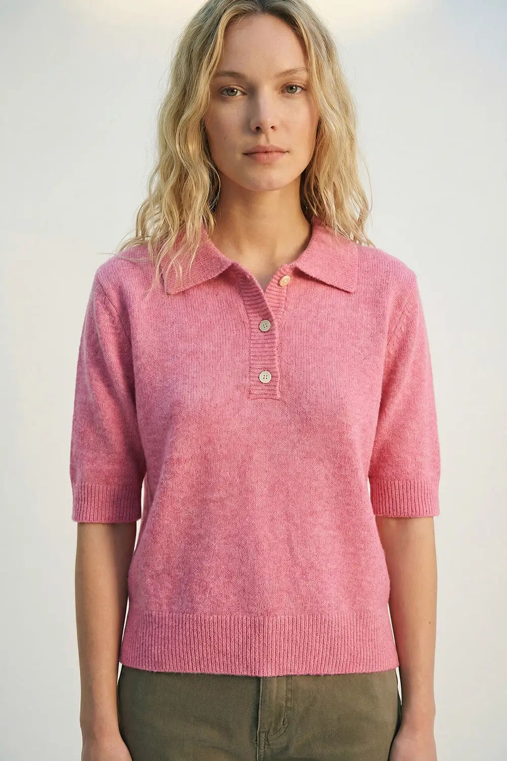 Q2 Pink Fluffy Soft-Knit Polo Sweater