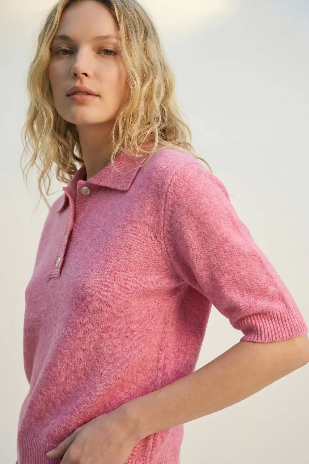 Pink Fluffy Soft-Knit Polo Sweater - One Size / Pink - Sweaters