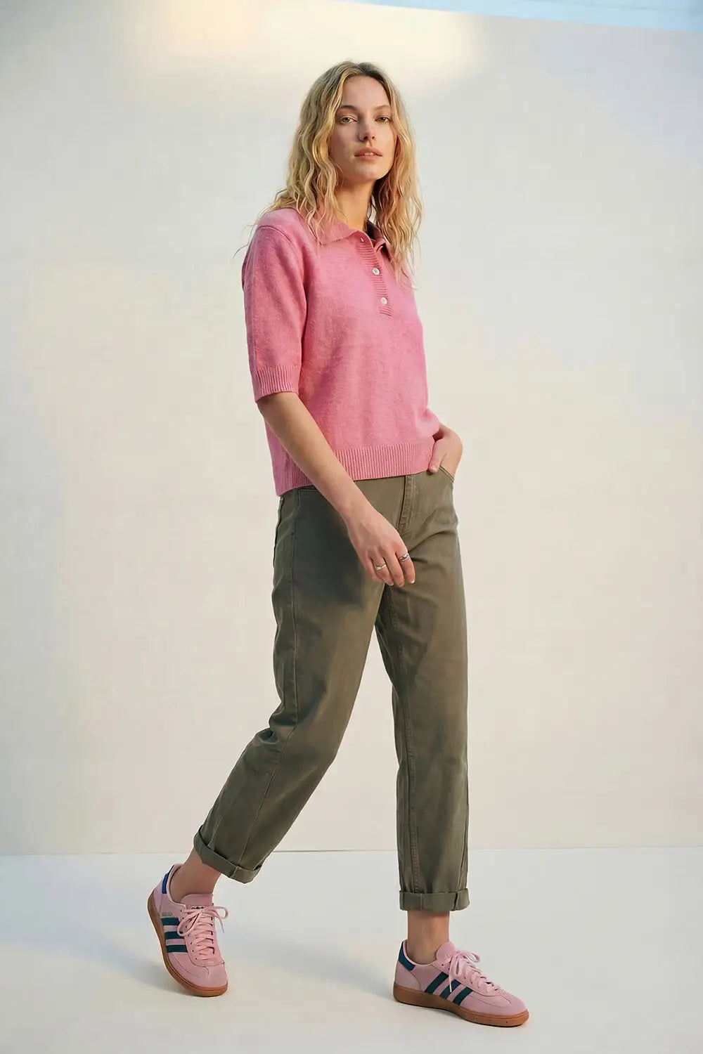 Pink Fluffy Soft-Knit Polo Sweater - One Size / Pink - Sweaters