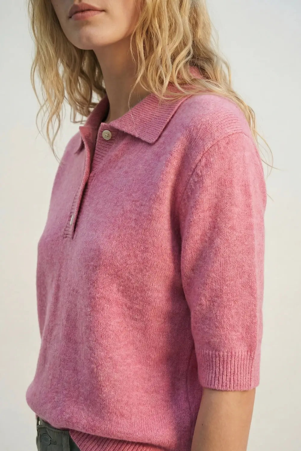Pink Fluffy Soft-Knit Polo Sweater - One Size / Pink - Sweaters